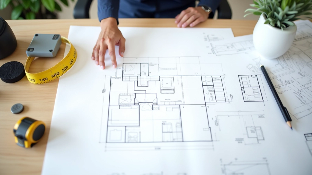 Office floor plan sketch showing measurements, door locations, and furniture placement with grid overlay