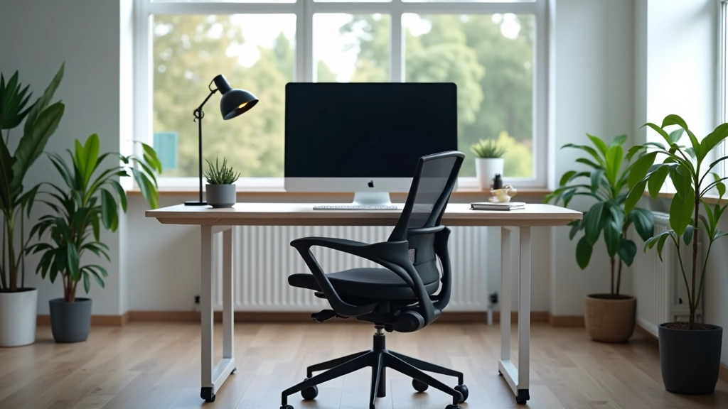 Modern office workspace showing ergonomic desk setup with height-adjustable table, supportive office chair, monitor stand, and proper spacing for movement