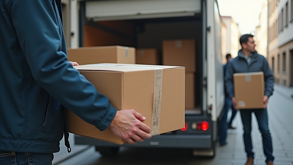 Delivery truck unloading office furniture at corporate building loading dock
