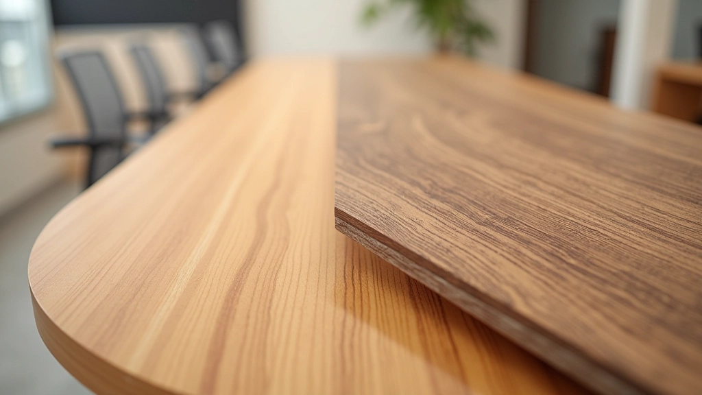 Different desktop surface materials including laminate, solid wood, and engineered wood samples with texture details