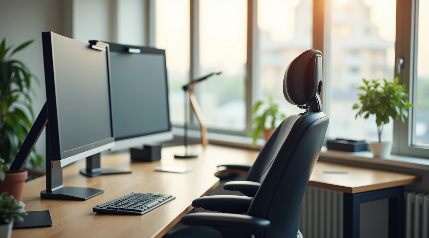 Modern office workspace with ergonomic desk, executive chair, and organized storage solutions