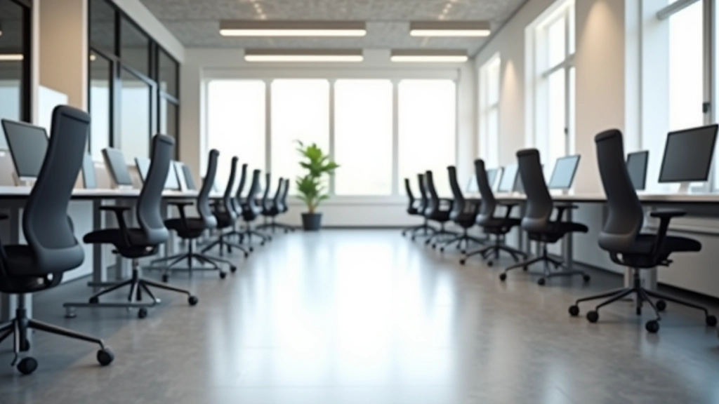 Open office workspace with multiple ergonomic chairs in consistent style arranged at desks