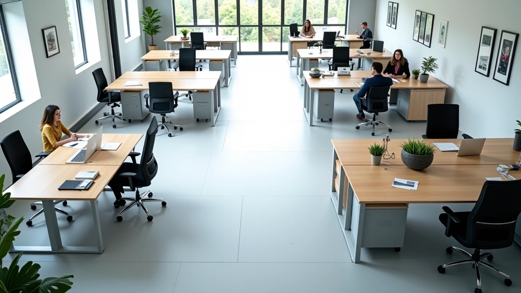 Corporate office layout showing desks, storage units, and collaborative meeting area with modern furniture arrangement