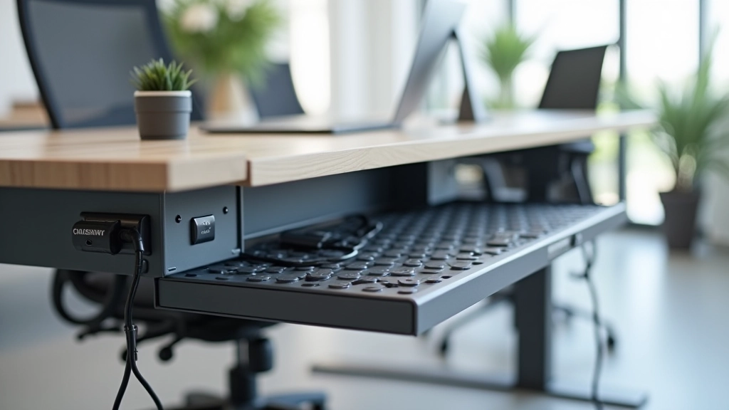 Cable management system with integrated trays, grommets, and organized power distribution on modern office desk