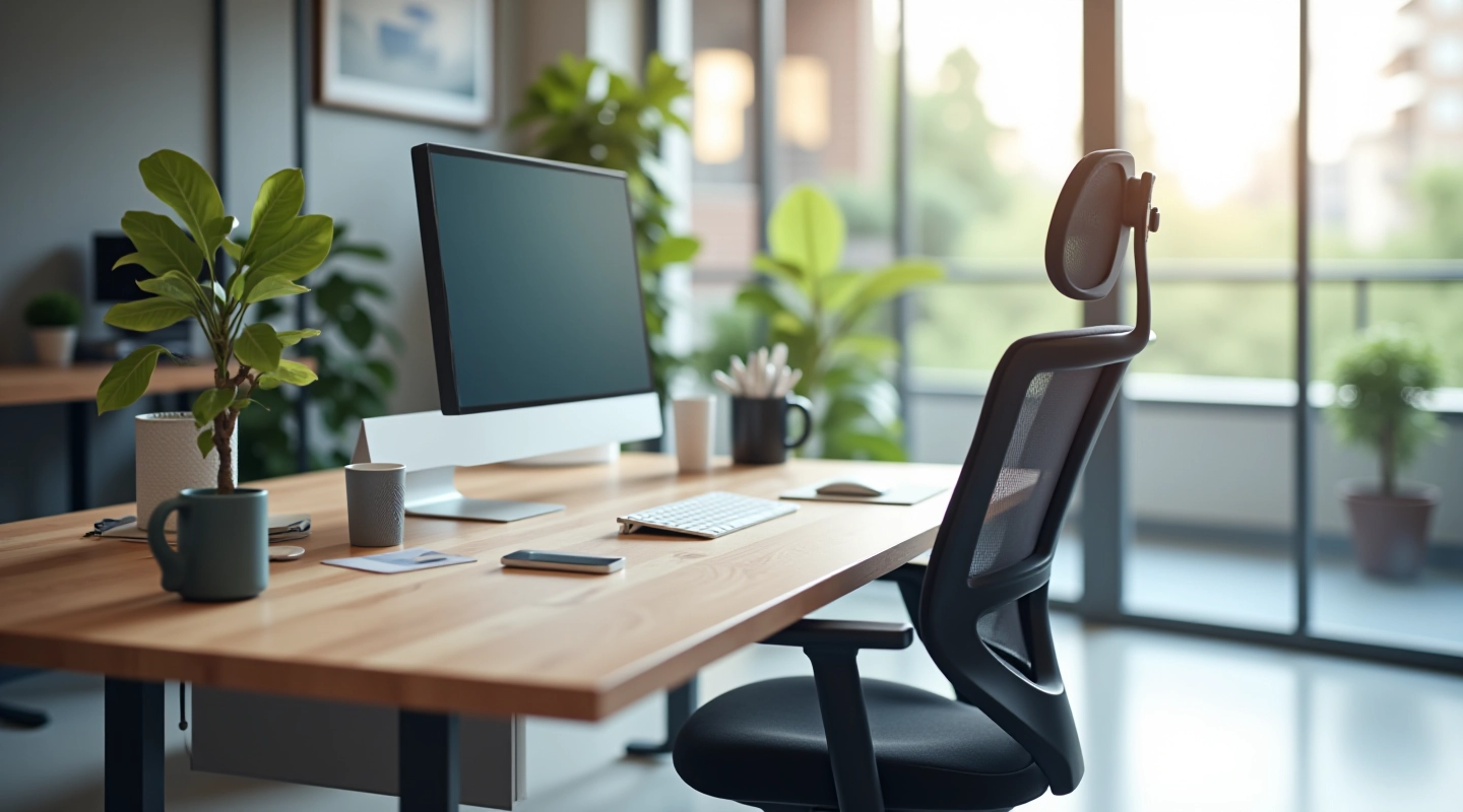 Modern ergonomic office desk setup with adjustable height mechanism and organized workspace