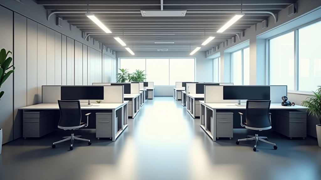 Office layout showing distinct zones: focused work area with individual desks, collaborative meeting zone, quiet break area, and storage section with color-coded boundaries