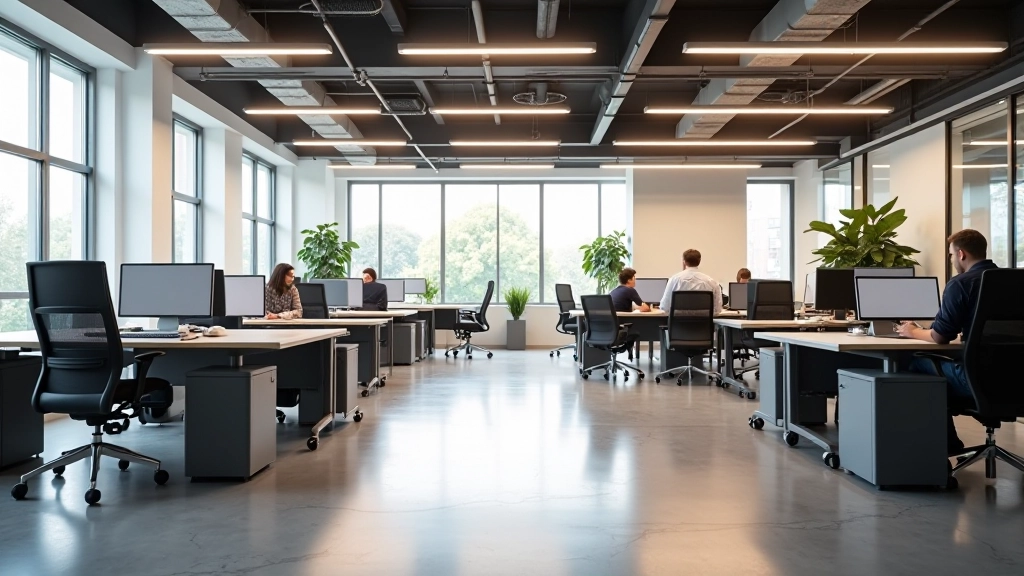 Open plan office with multiple ergonomic workstations