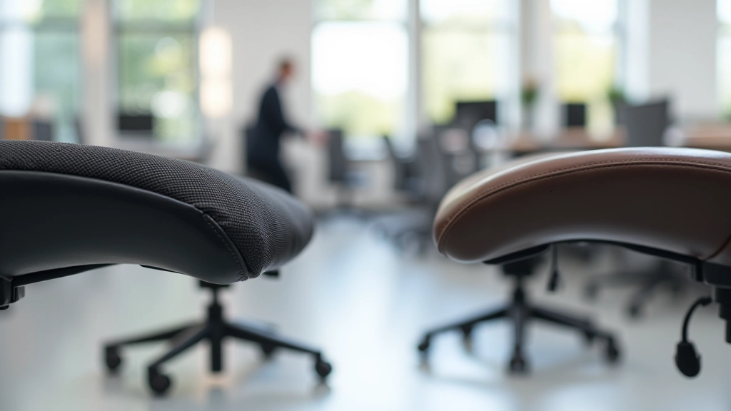 Close-up comparison of mesh fabric and leather upholstery textures on office chair seats