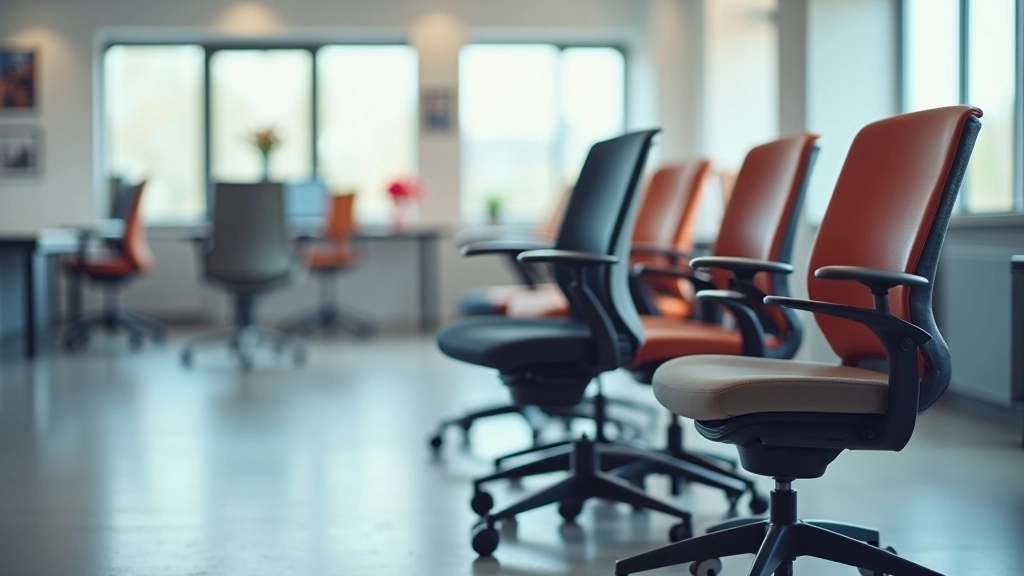 Display of various office chairs in different styles and colors arranged in a showroom setting