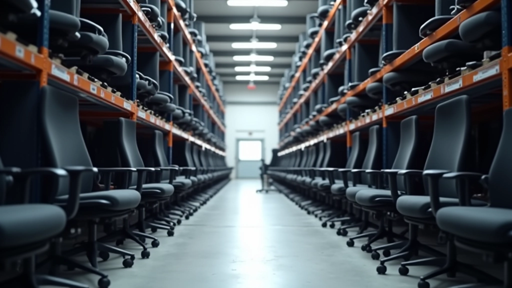Warehouse or showroom storage area with stacked office chairs showing inventory management